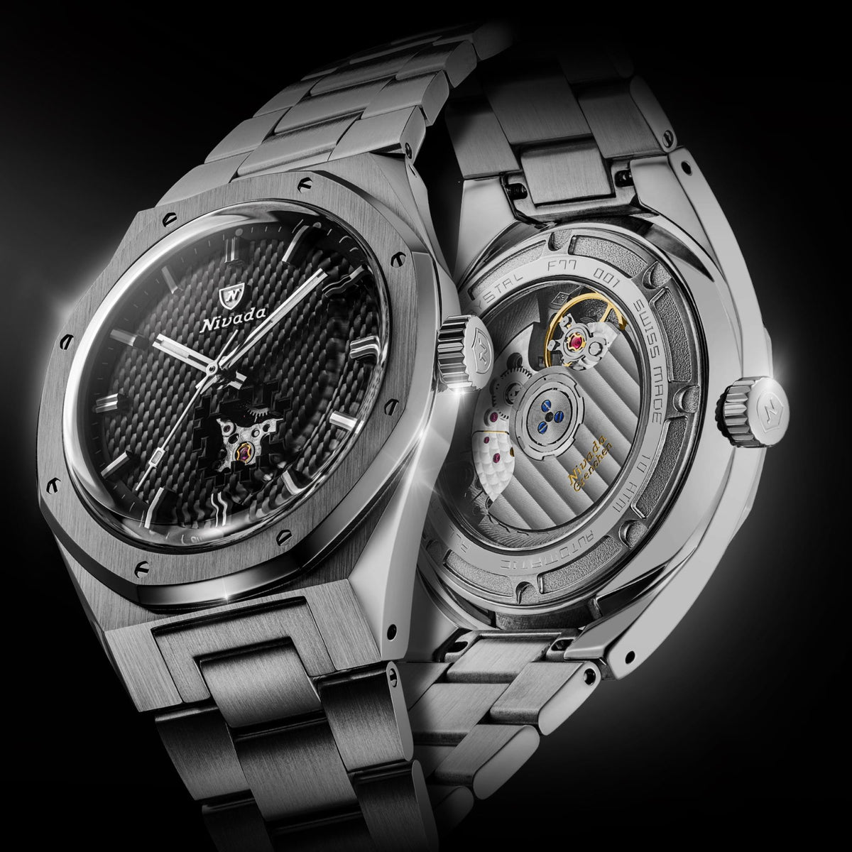 Nivada Grenchen F77 MK2 38mm Open Heart Black Tressed Dial Titanium Mens Automatic Watch 68023A77