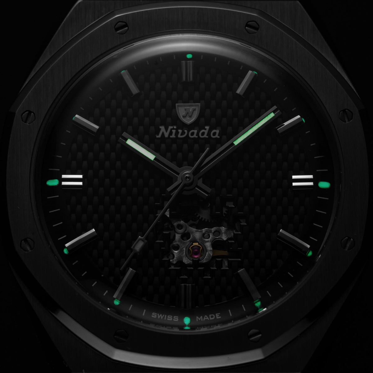 Nivada Grenchen F77 MK2 38mm Open Heart Black Tressed Dial Titanium Canvas Mens Automatic Watch 68023A77-BC
