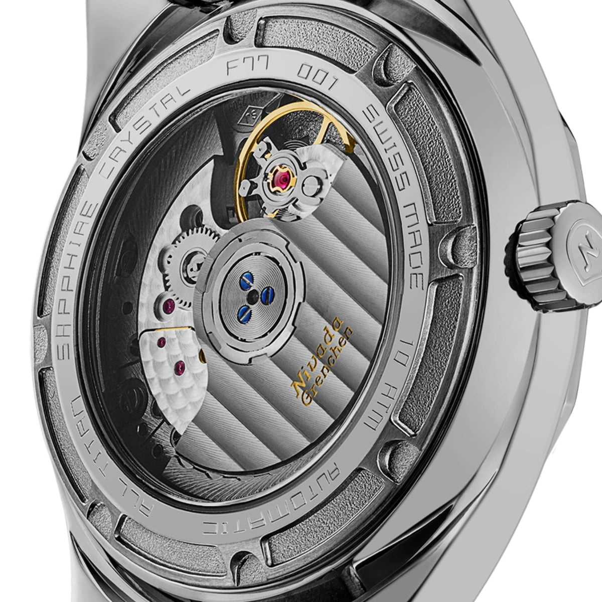 Nivada Grenchen F77 MK2 38mm Open Heart Black Tressed Dial Titanium Canvas Mens Automatic Watch 68023A77-BC