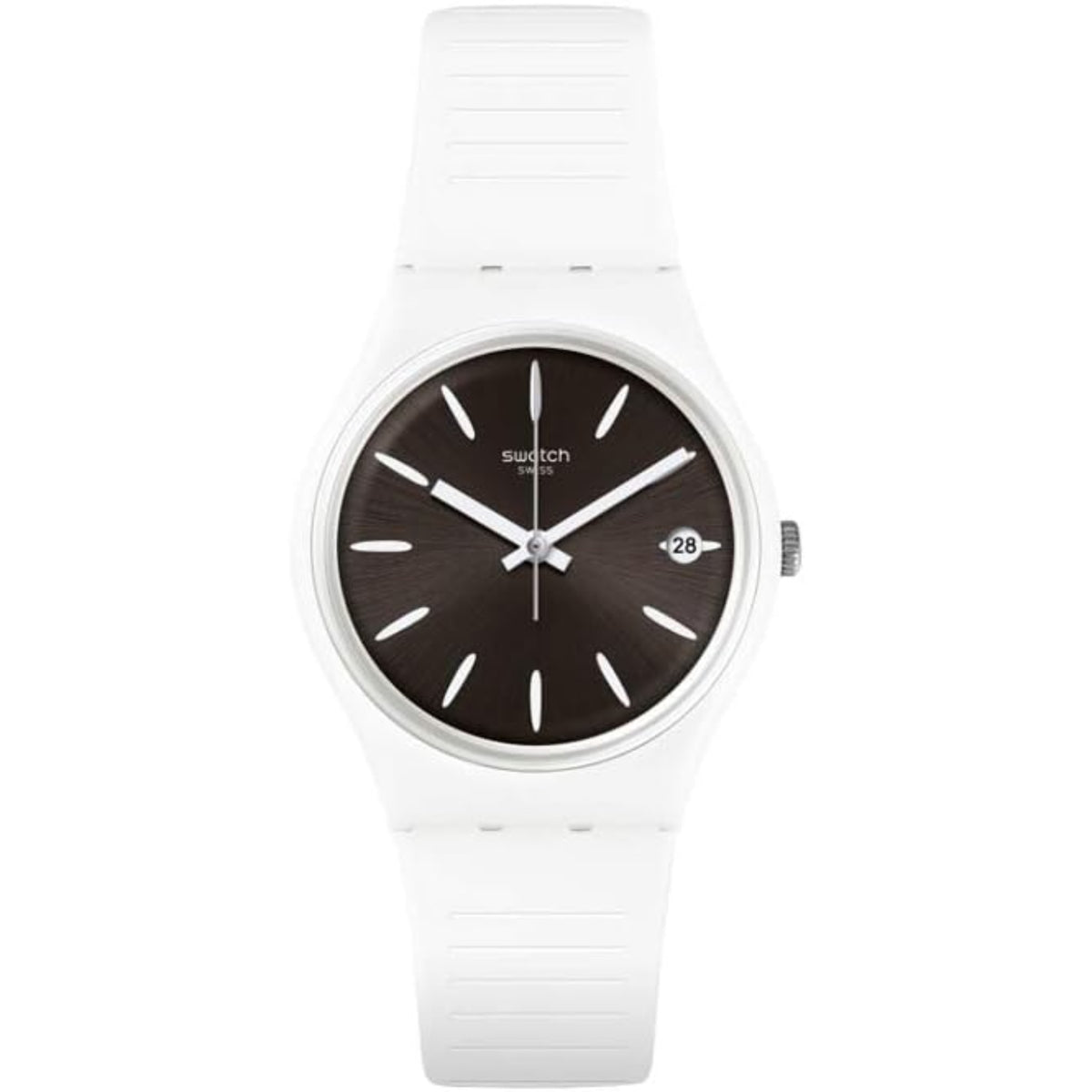 Swatch silicone strap watch with black dial, silver-tone case, and white strap
