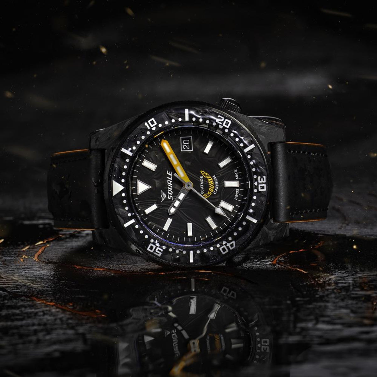 Squale T-183 Forged Carbon 60 ATMOS professional diver watch with yellow accent hands on dark reflective background