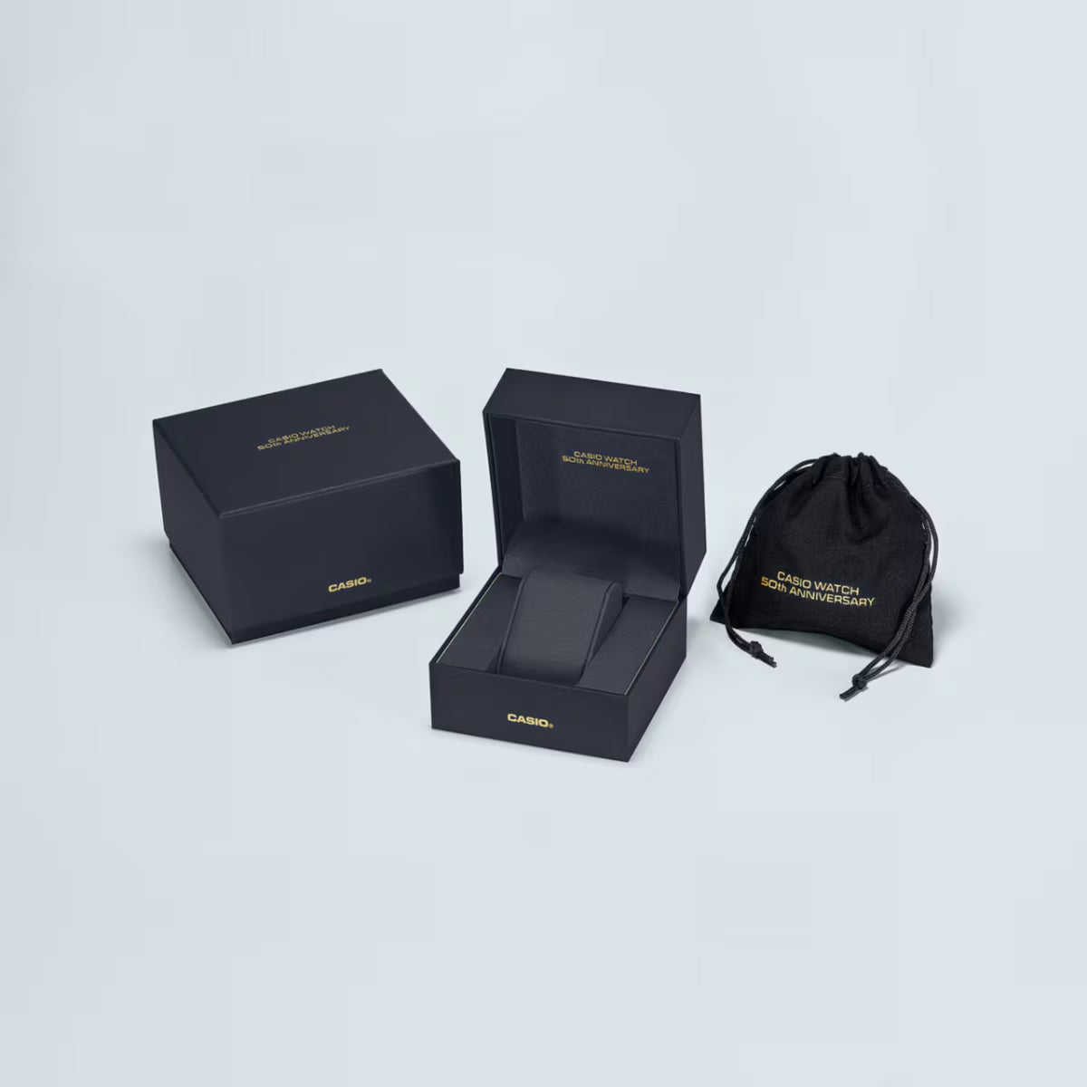 Black digital wristwatch gift set in open box with drawstring pouch and LCD display