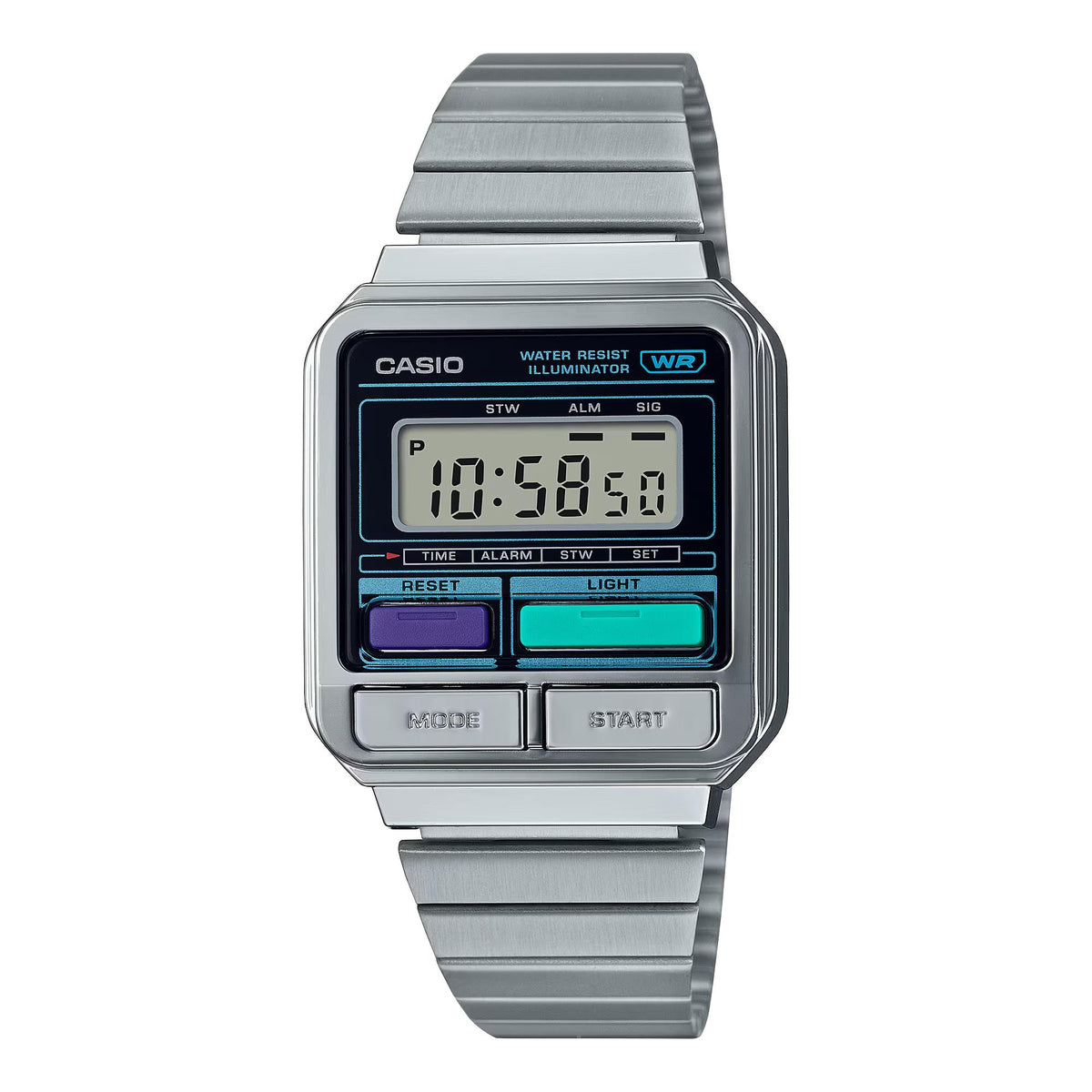 Casio vintage digital watch with steel bracelet, blue display, alarm and light buttons