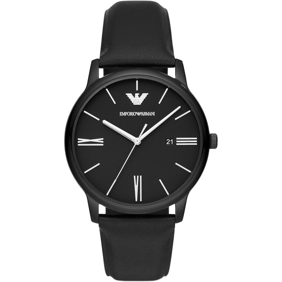 Men's black leather quartz wristwatch with black dial and Roman numerals