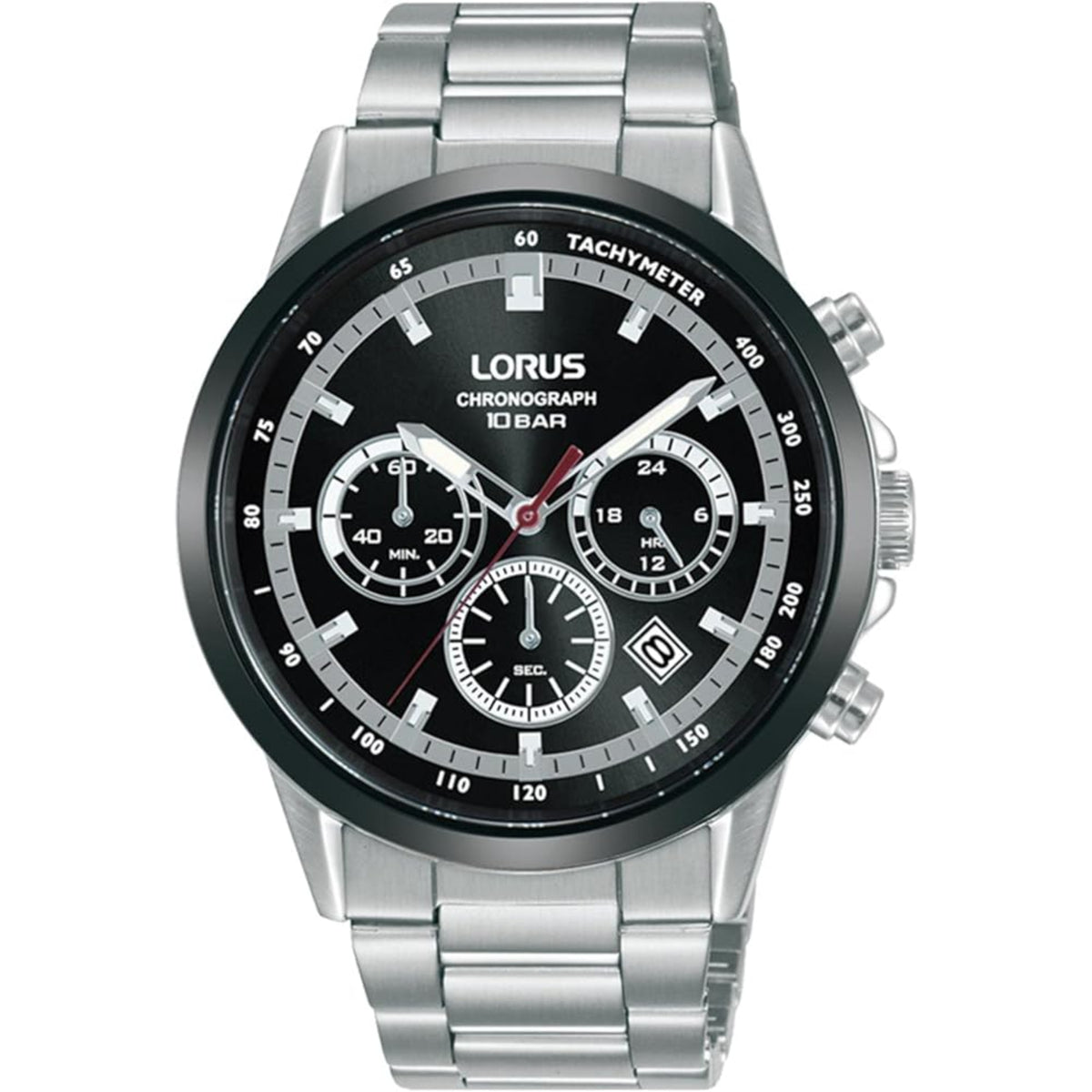 Lorus Sports Chronograph Quartz Black Dial Steel Strap Men's Watch RT397JX9