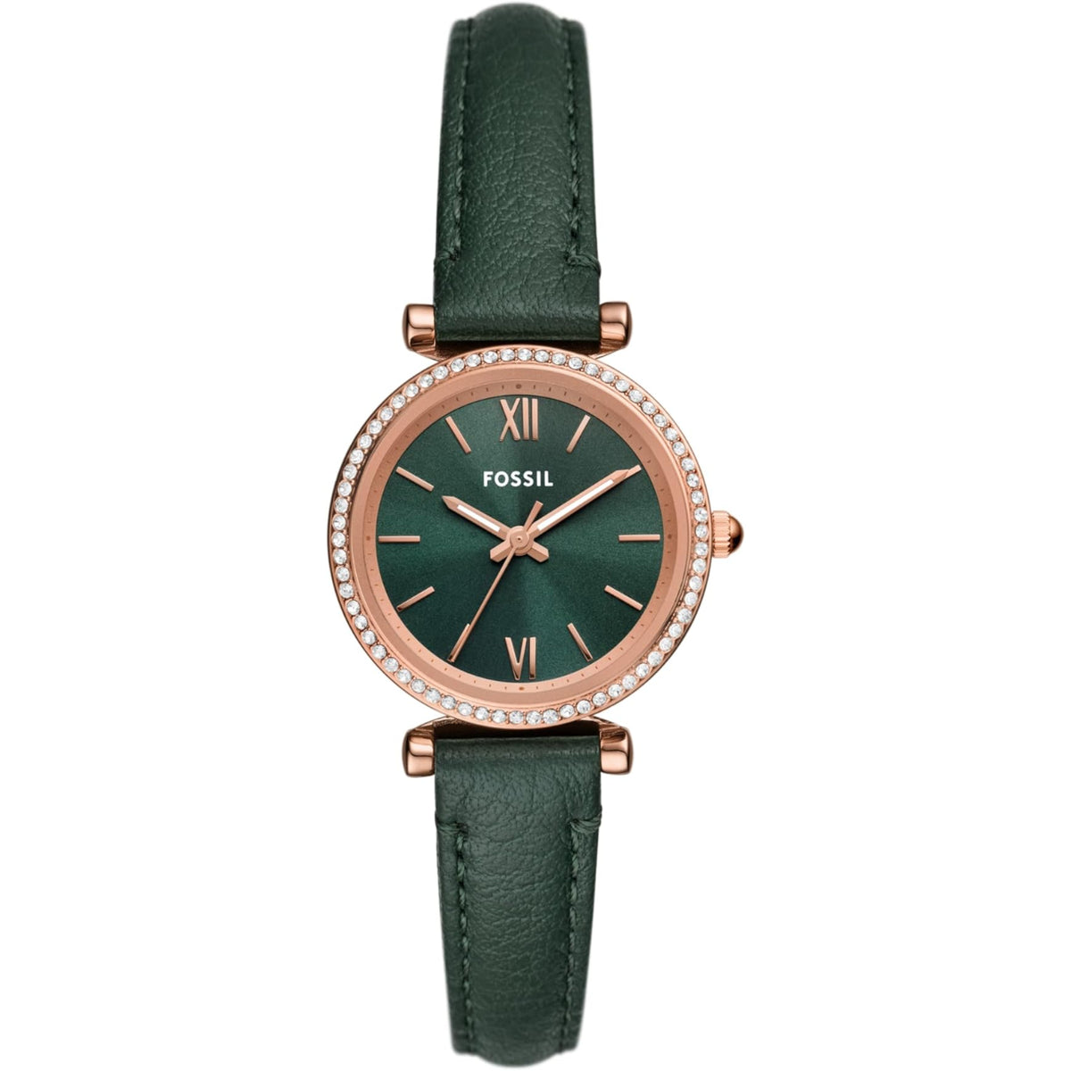 Fossil ladies quartz watch with green dial, rose-gold bezel and dark green leather strap