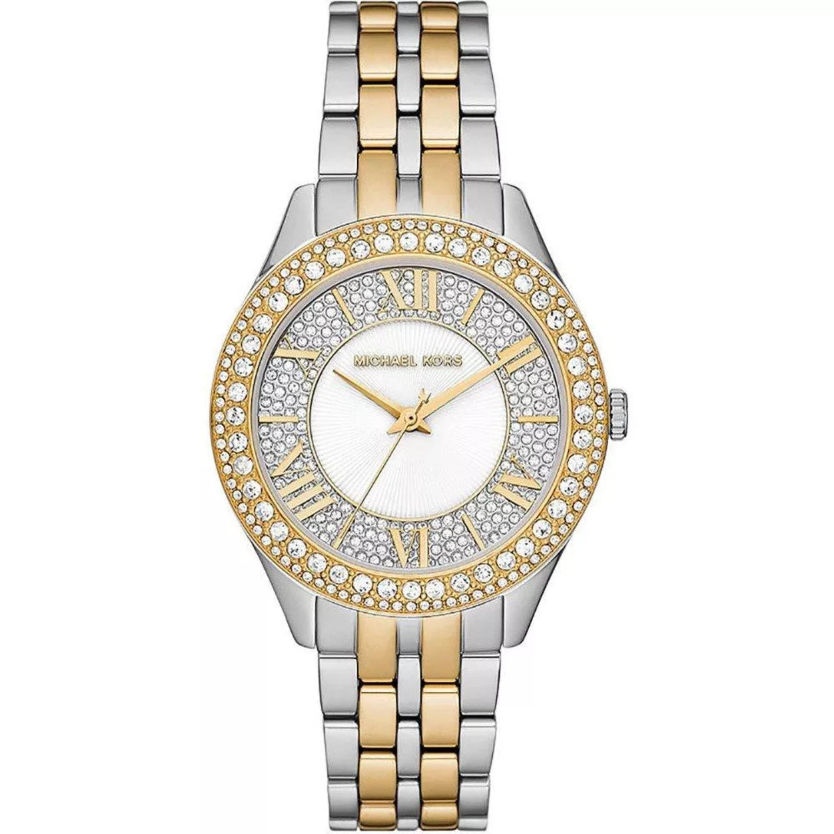 Two-tone stainless steel watch with crystal bezel, white dial, Roman numeral markers