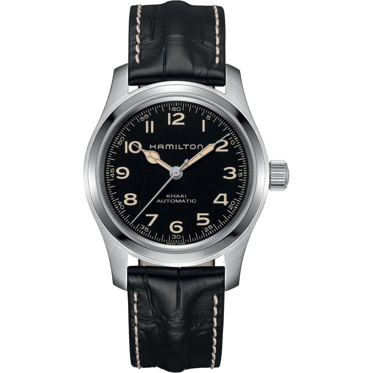 Hamilton Khaki Field Murph automatic black dial black leather strap men's watch H70605731 front view