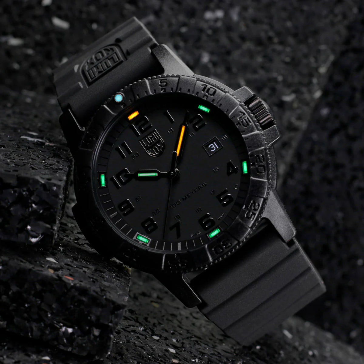 Luminox Leatherback Sea Turtle XS.0321.BO.L resting on a textured surface showing glowing tritium night tubes