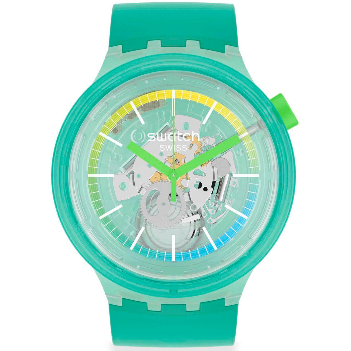 SwatchPAY turquoise skeleton dial quartz watch with green silicone strap