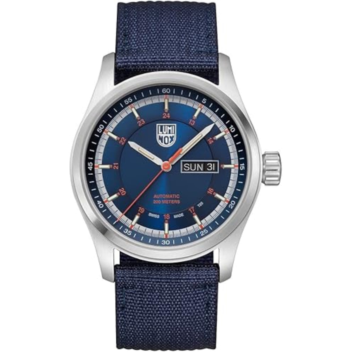 Round silver watch case on blue woven strap with blue dial and SUN 31 date window