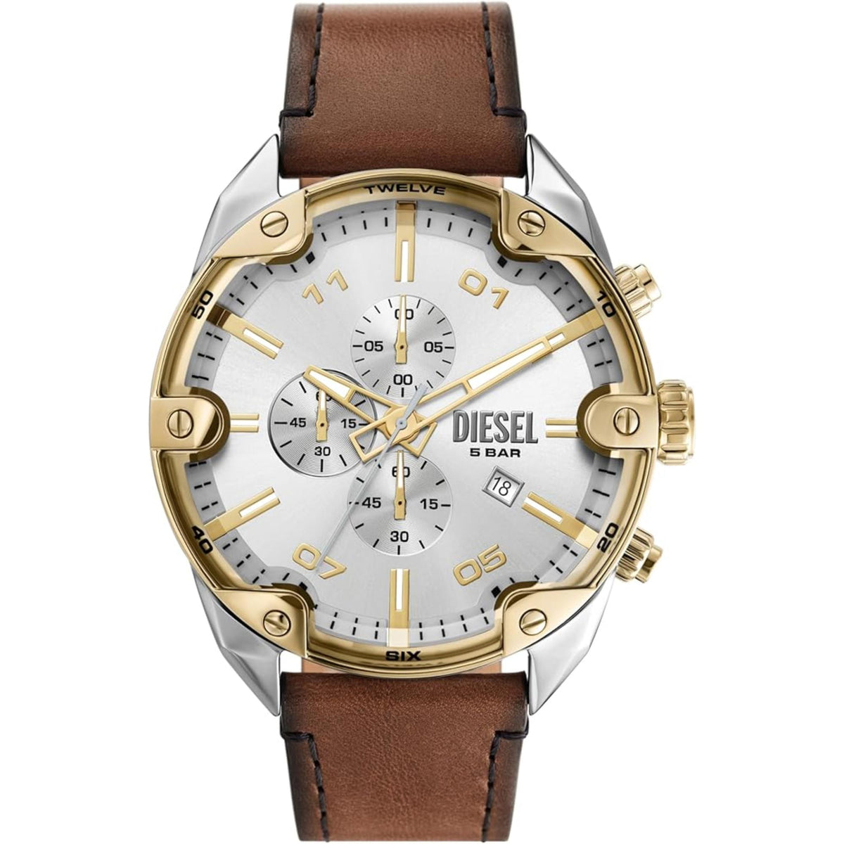 Men's chronograph watch with brown leather strap, silver case, gold accents, white dial