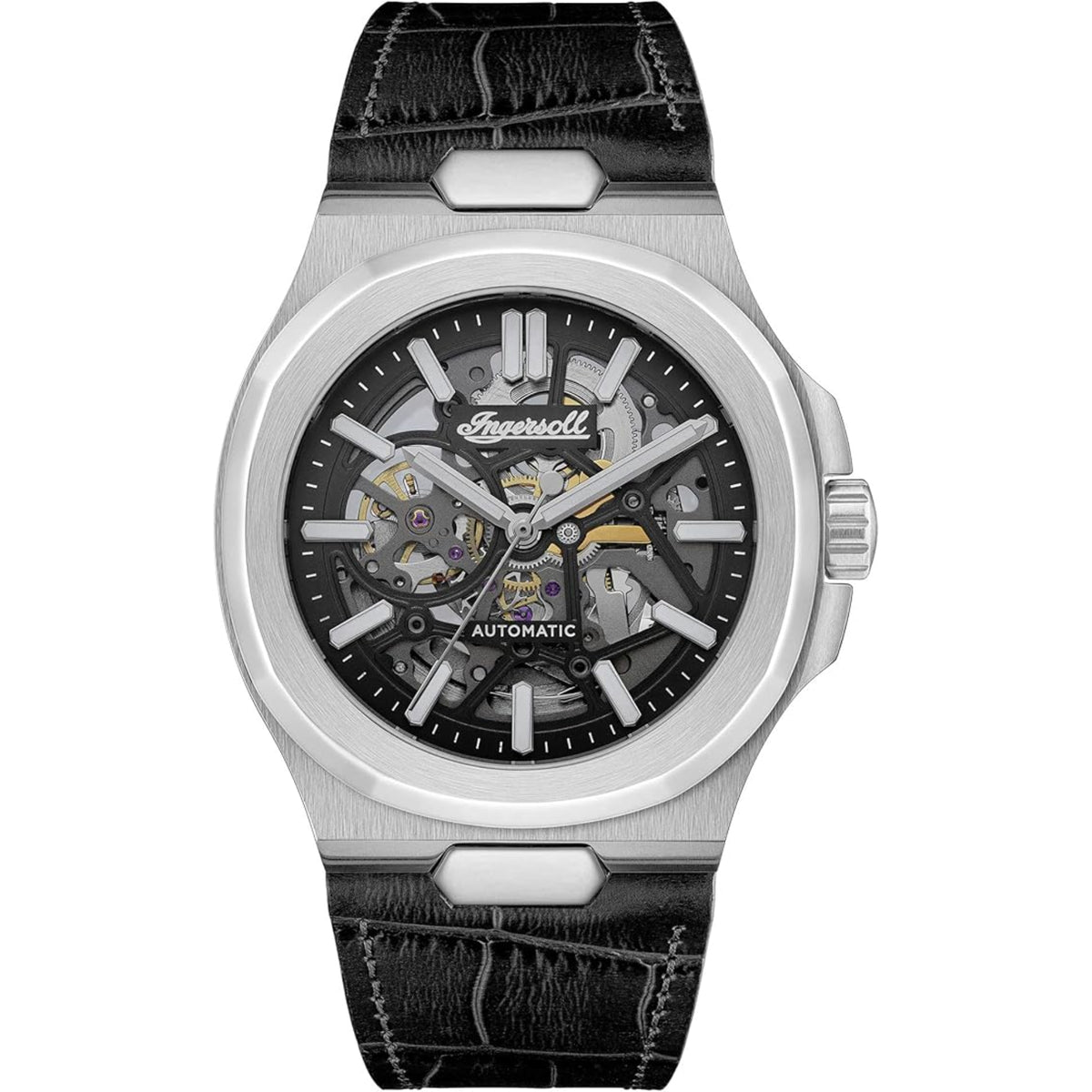 Men's automatic wristwatch with black dial, black leather strap, stainless steel case