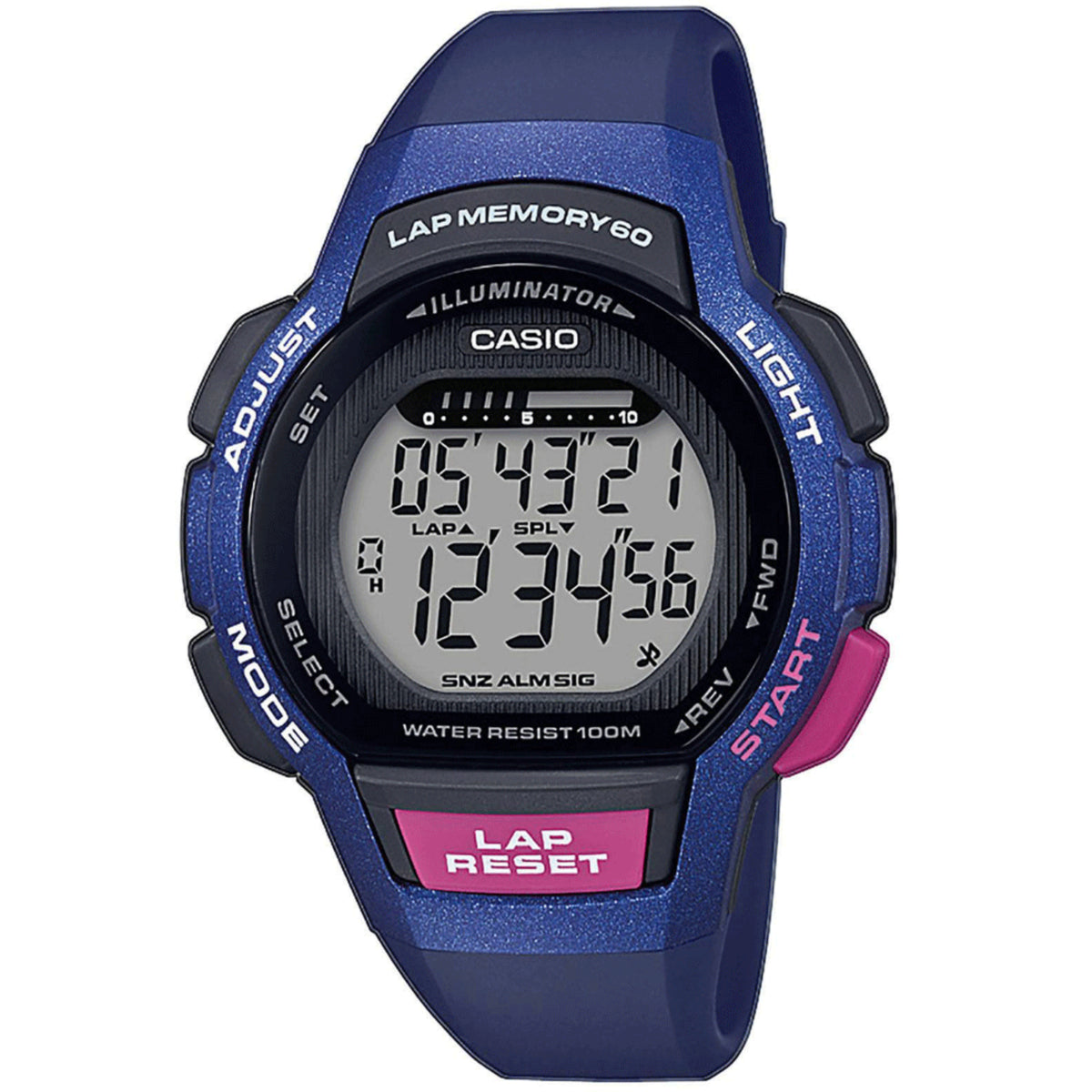 Blue digital sports watch with black bezel, square LCD display, plastic strap