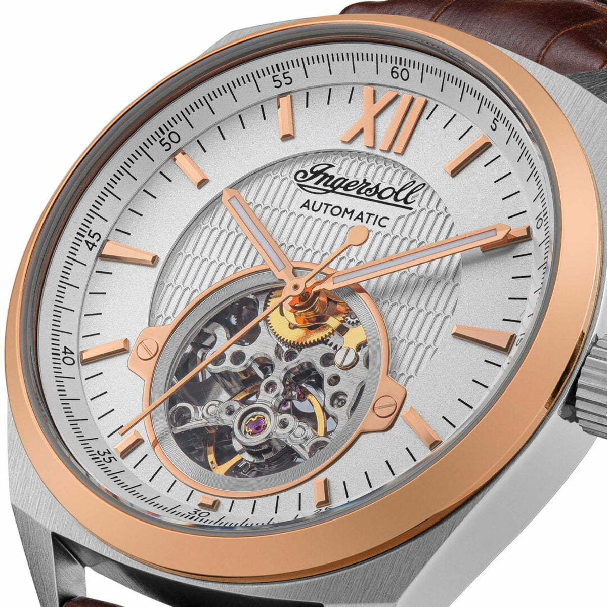 Automatic open-heart watch dial with white background, rose-gold case, brown strap