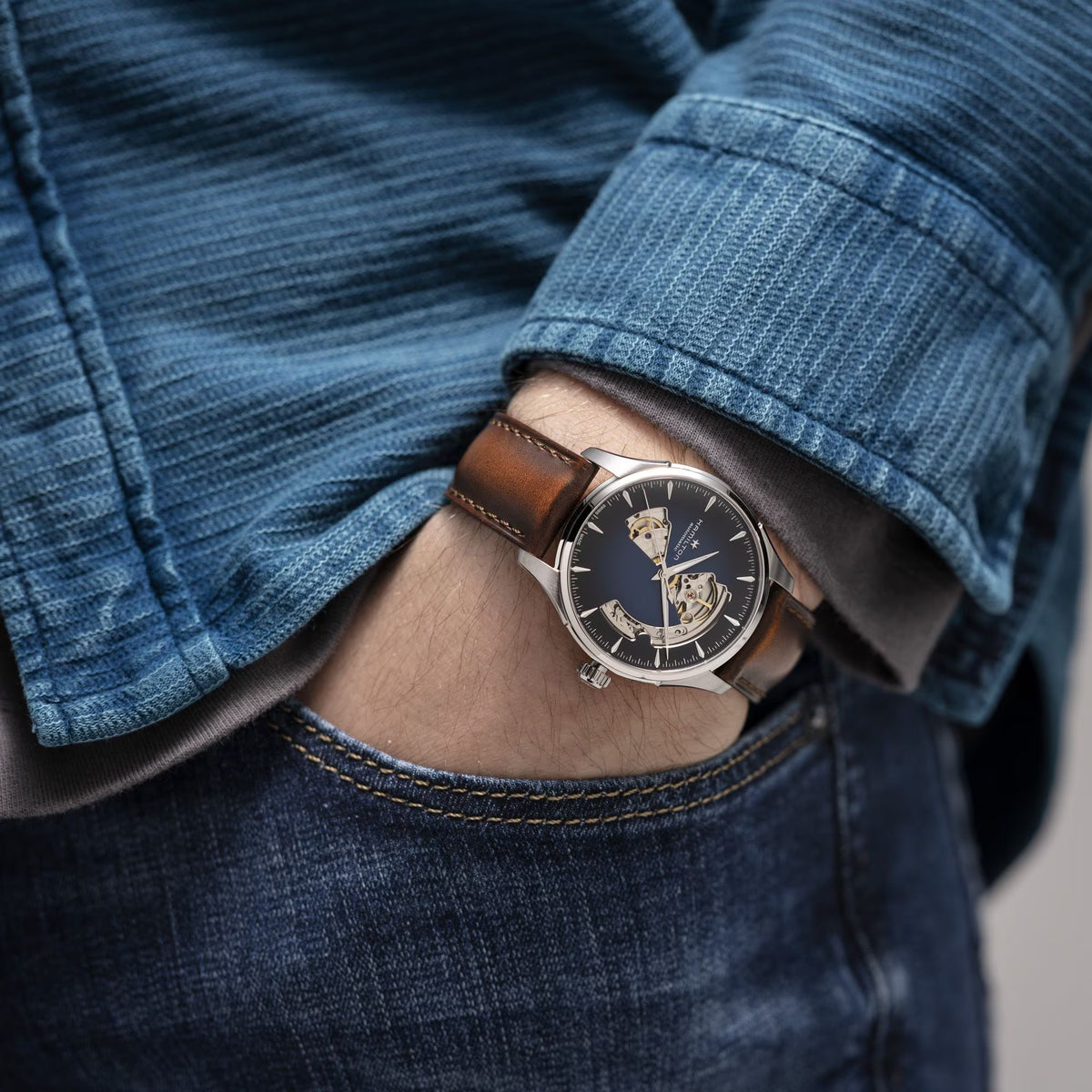 Hamilton Jazzmaster open heart blue dial leather 40mm watch worn on wrist H32675540