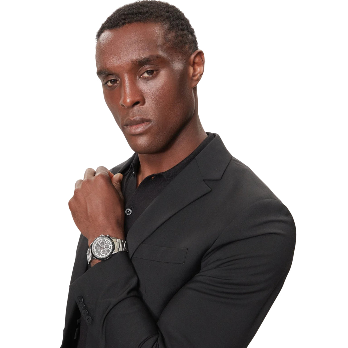Men's chronograph watch on wrist, black dial with steel strap