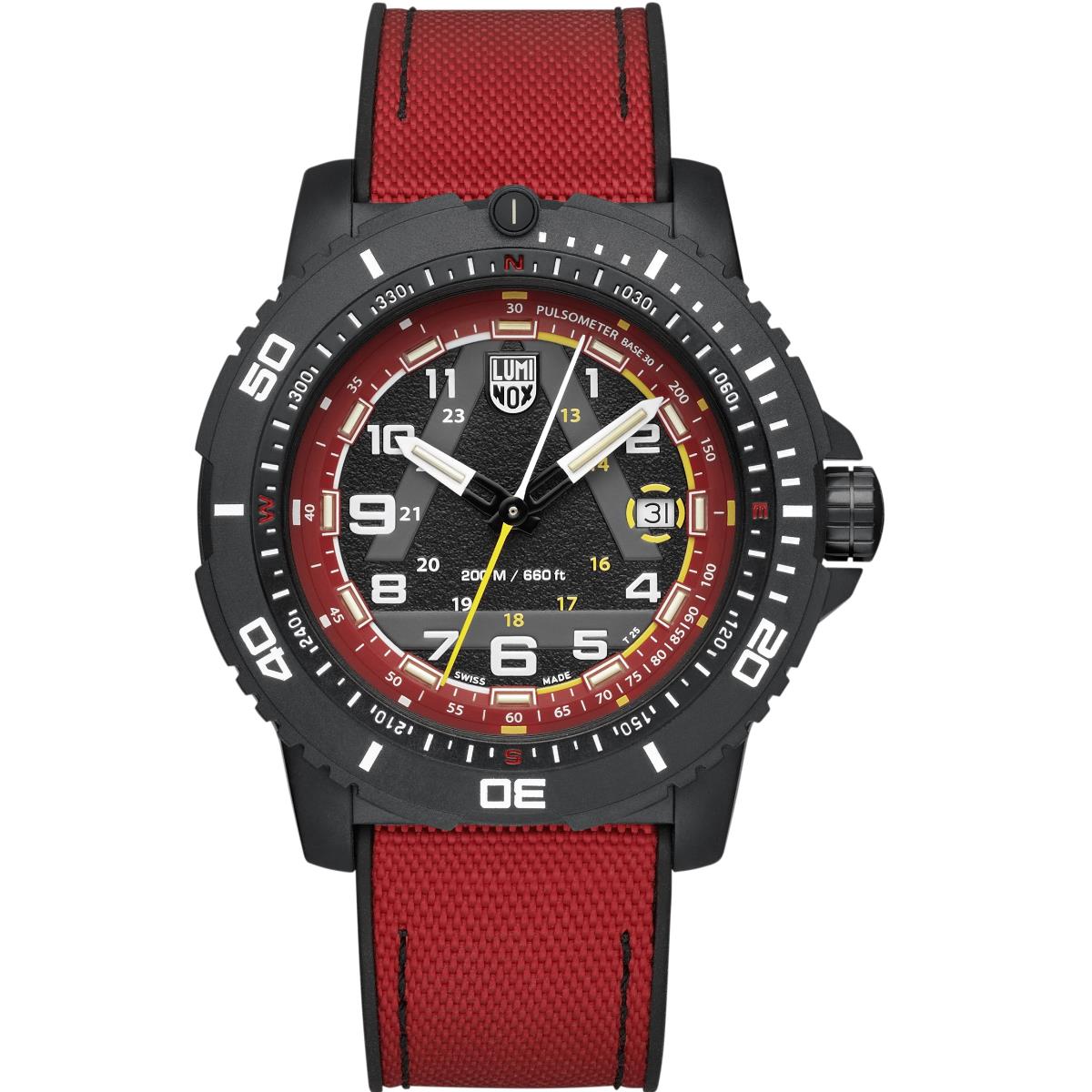 Front view of Luminox ICE-SAR XL.1095 watch featuring a black Carbonox case, a black bezel, a textured black dial with a red inner ring, bold white numerals, and a red textile strap