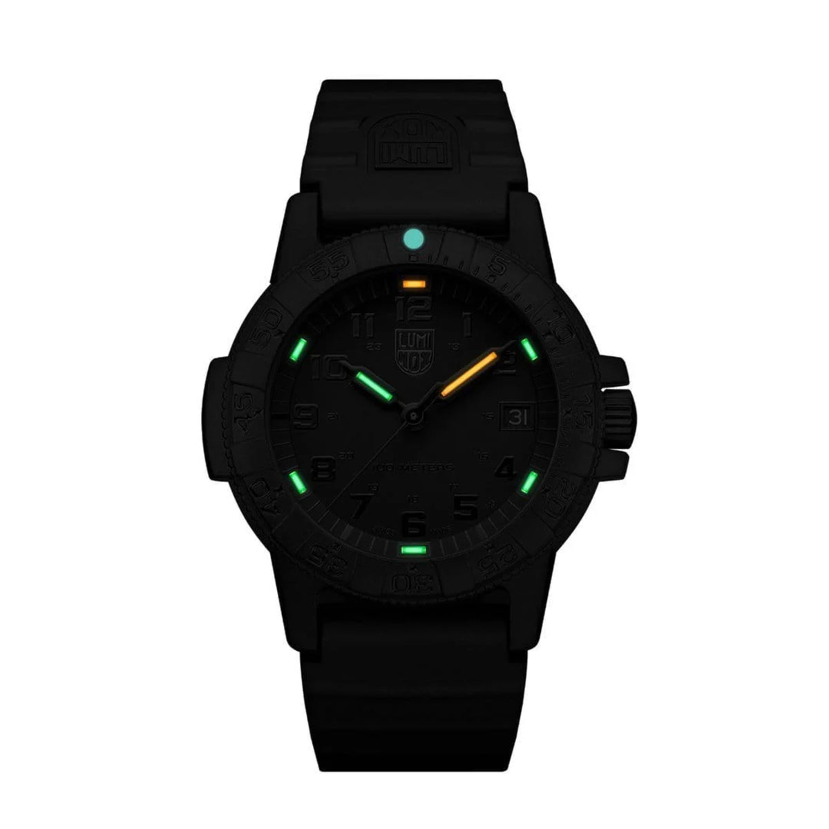 Low-light view showcasing the self-powered tritium night illumination on the Luminox Leatherback Sea Turtle XS.0301.BO.L watch face