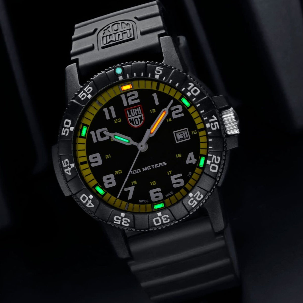 Luminox Navy SEAL watch with yellow inner dial ring and glowing tritium hands