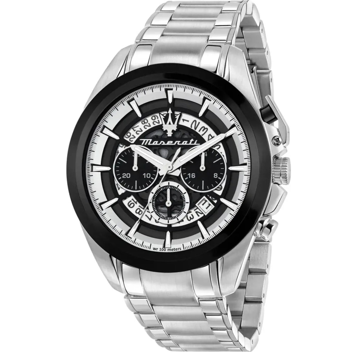 Men's steel bracelet chronograph watch with silver dial, black bezel, subdials