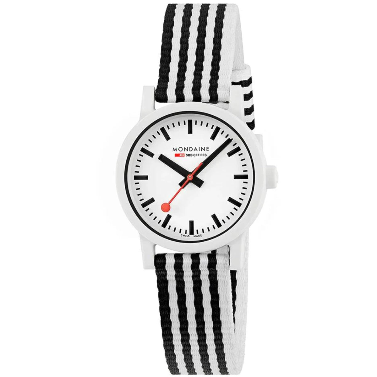 Quartz watch with white dial, black hands, orange accents; black-and-white striped strap