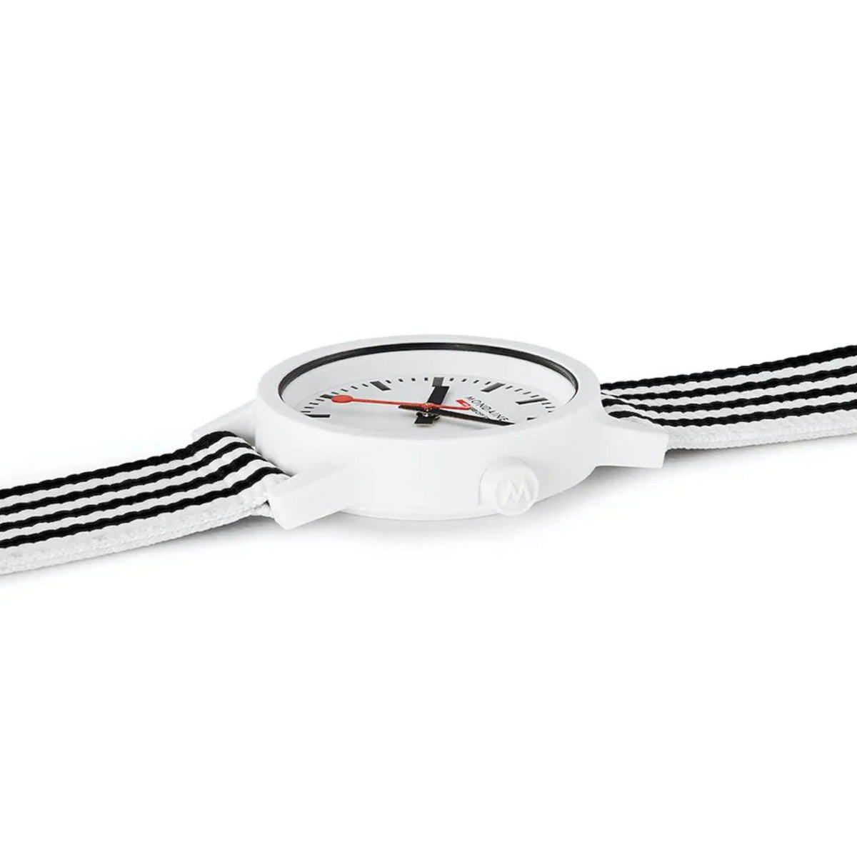 Quartz watch with white case and black striped fabric band, side profile