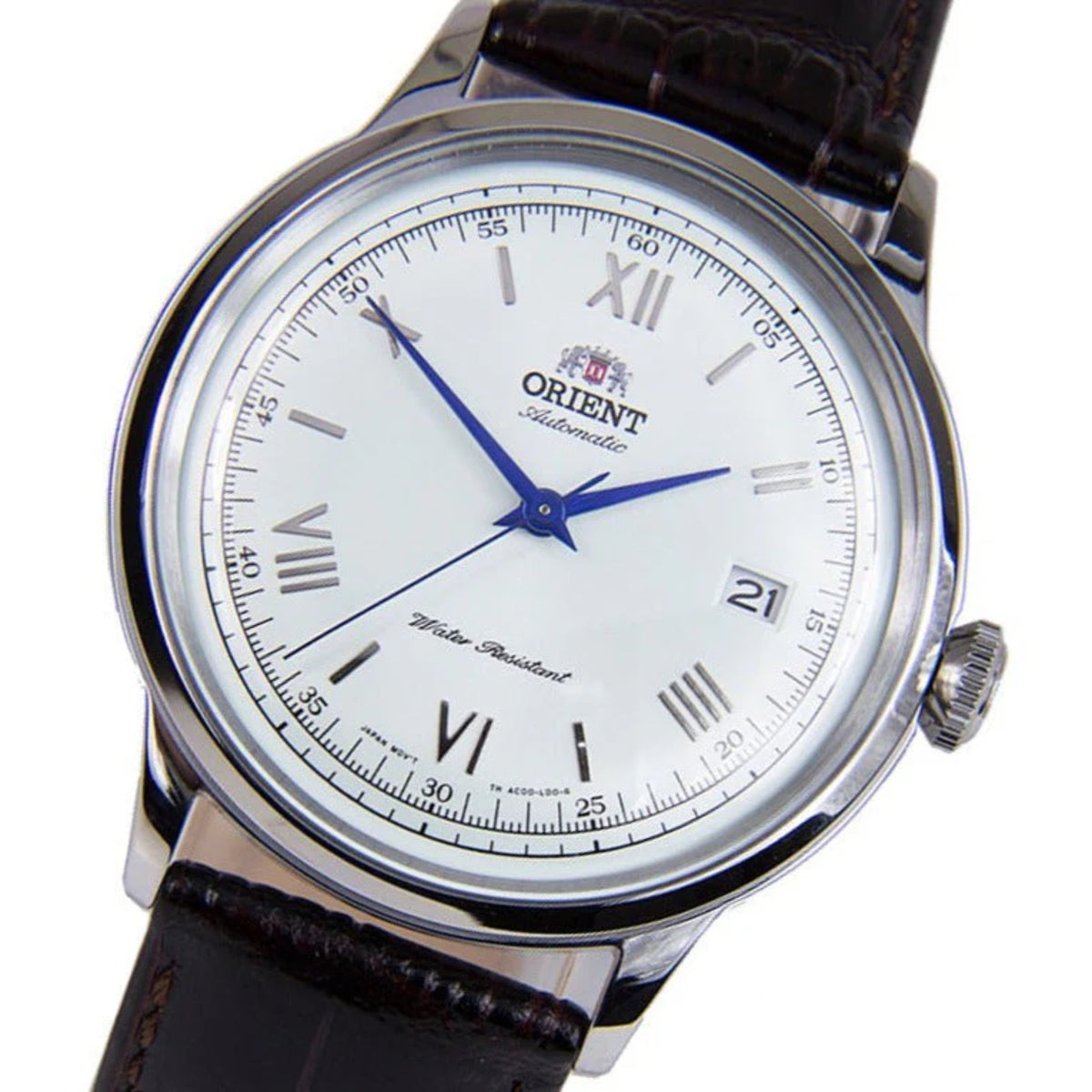 Orient Bambino TAC00009W0 watch face perspective detailing the white dial, blue hands, and leather band