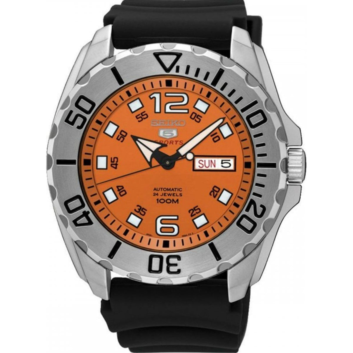 Orange dial sports watch with black strap, steel case, and day-date window