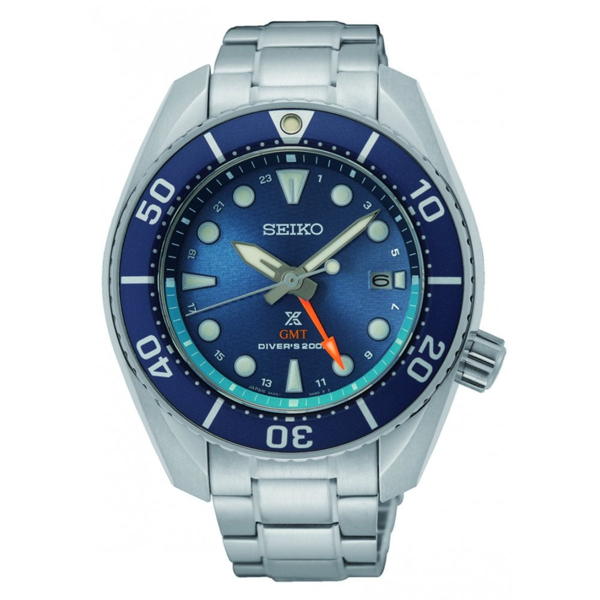 Seiko Prospex Aqua Sumo GMT SFK001J1 watch with blue dial and silver metal strap on a white background
