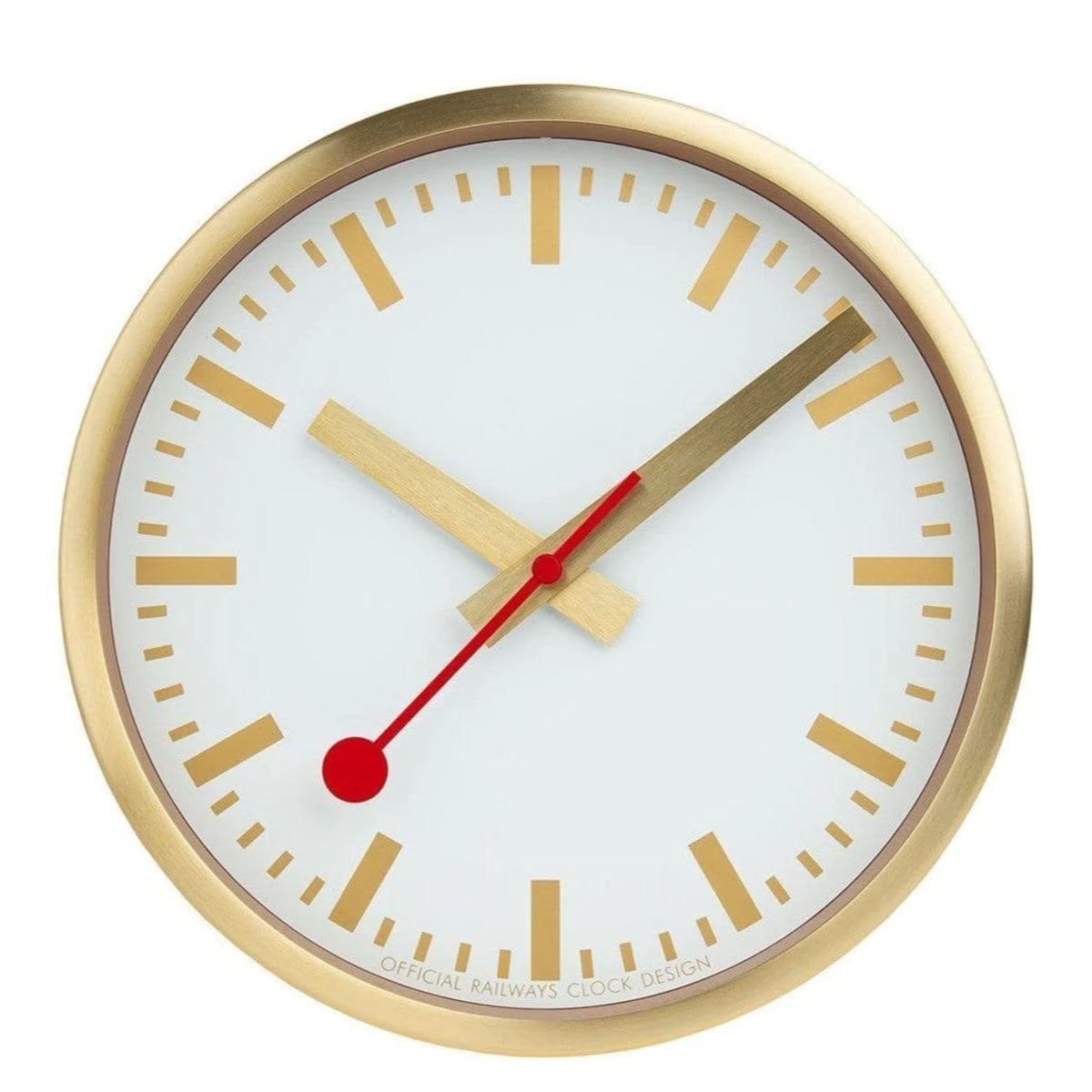 Mondaine gold wall clock with white face, gold numerals, and red second hand