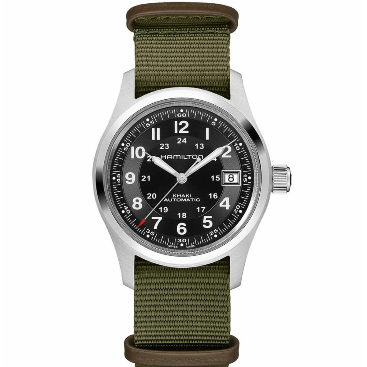 Hamilton Khaki Field automatic watch with black dial and olive-green NATO strap, side crown