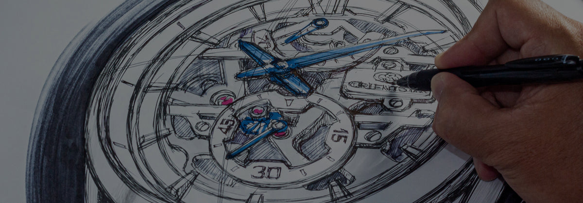 Hand sketching a detailed technical design drawing of an Orient Star skeleton watch dial with blue accent hands