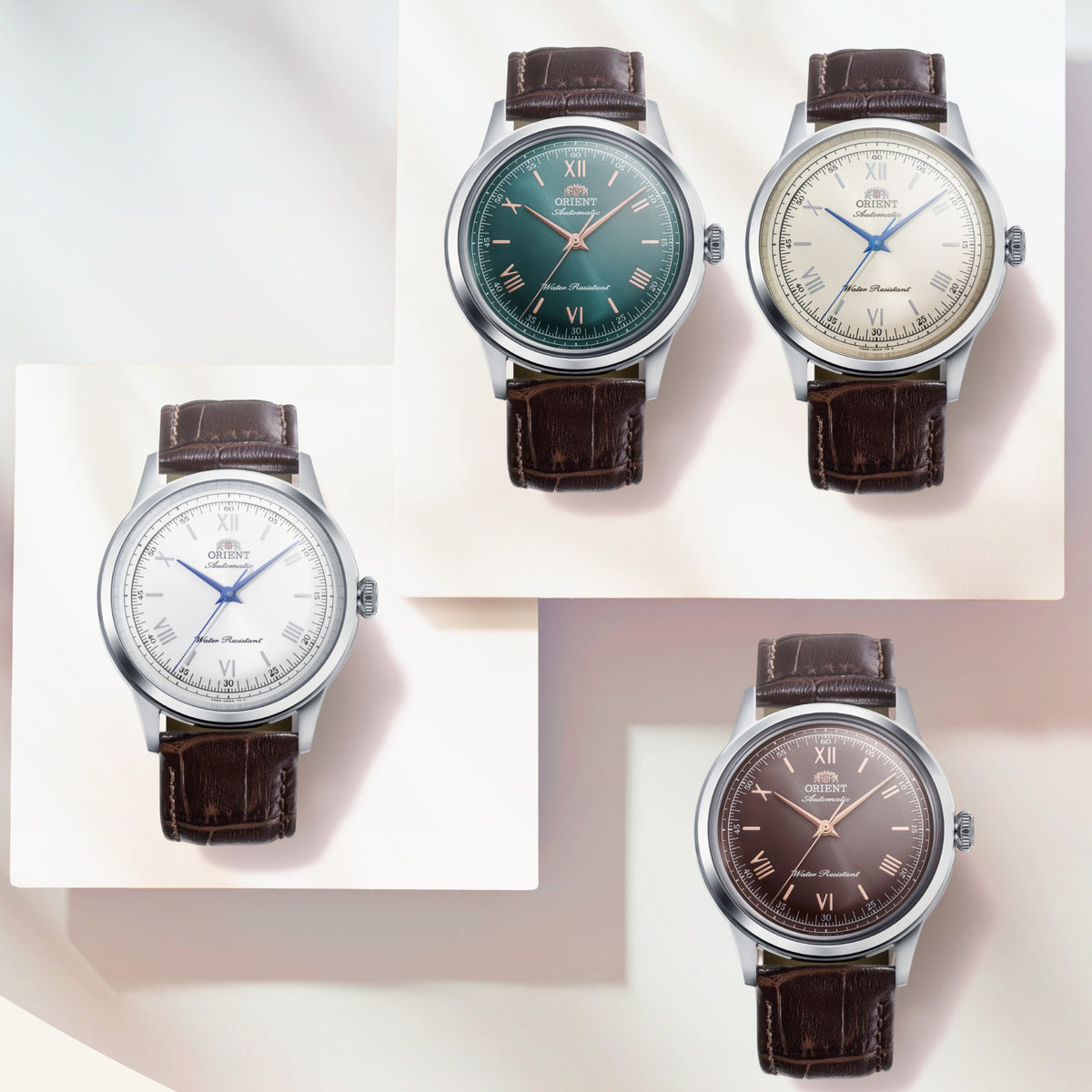 Orient Bambino collection display featuring the white dial RA-BB0002S30B mens automatic watch alongside other colourways