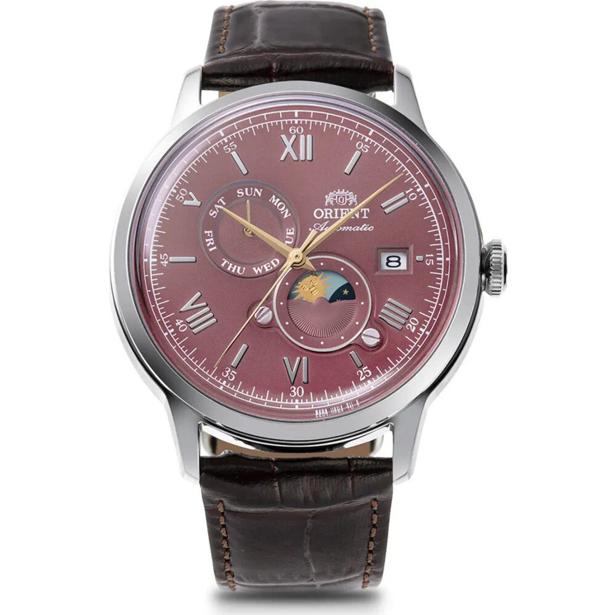 Orient Bambino Sun & Moon RA-AK0807R30B mens automatic watch featuring a red dial and brown leather strap