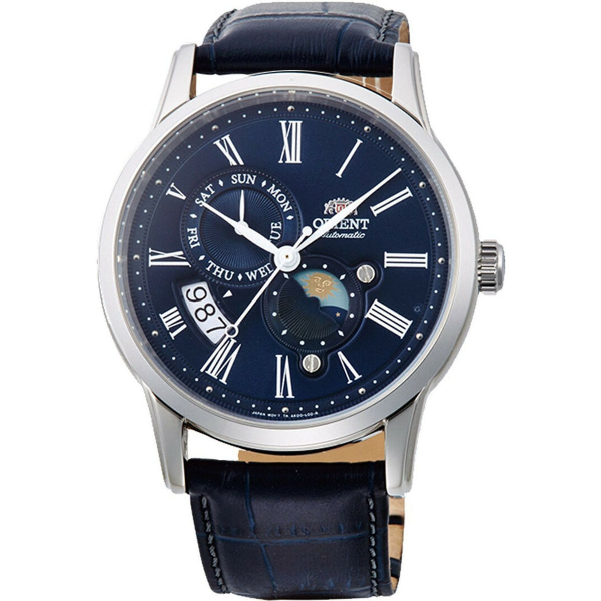 Orient Sun and Moon RA-AK0011D30B mens automatic watch with blue dial and navy leather strap