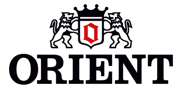 Official Orient watch logo featuring twin lions, a crowned shield emblem, and bold black typography