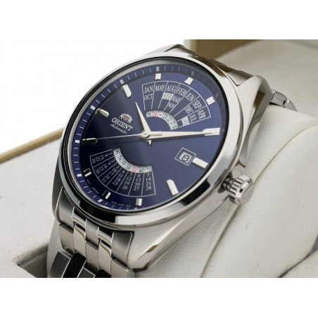 Men's automatic watch with blue dial on silver steel strap, angled side view