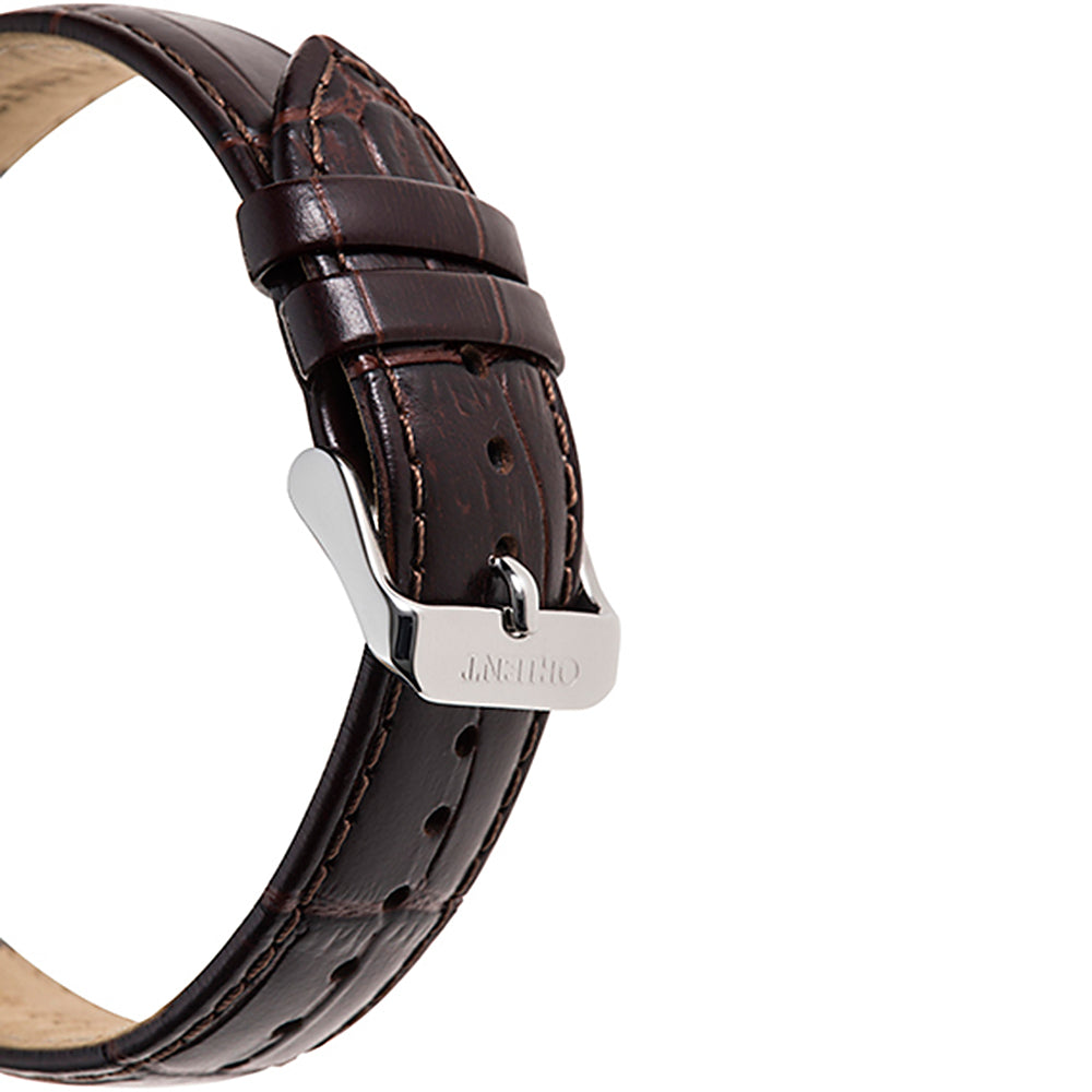 Orient Bambino brown leather watch strap with metal buckle and stitched edges
