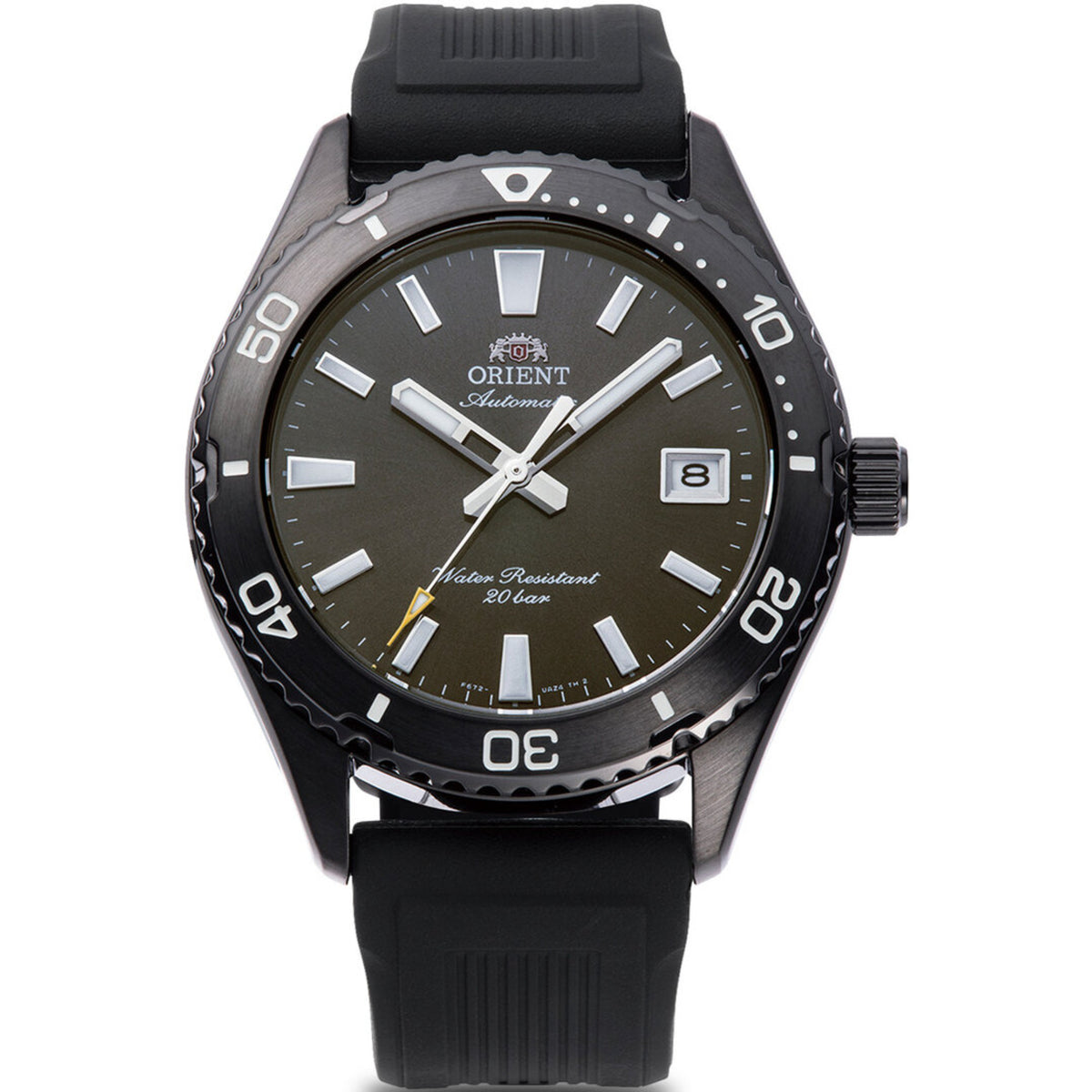 Orient Mako 40mm RA-AC0Q10N30B mens automatic watch featuring a black dial and black rubber strap