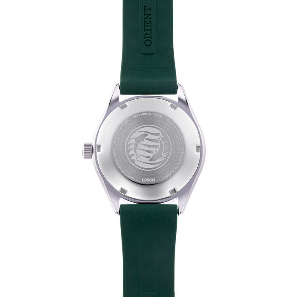 Orient Mako RA-AC0Q11E30B green rubber strap detail