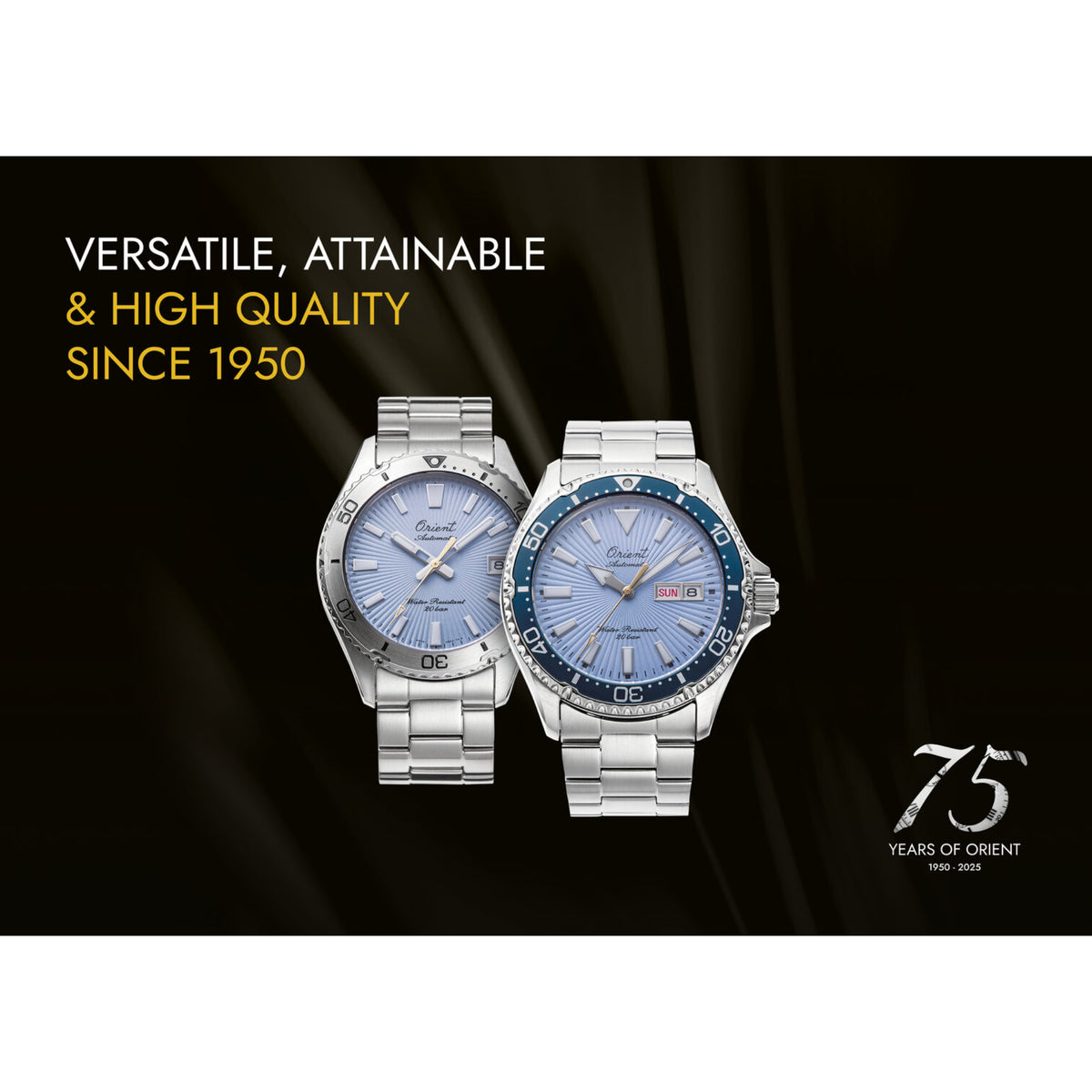 Mens automatic steel watch with blue dial, metal bracelet; close side view pair