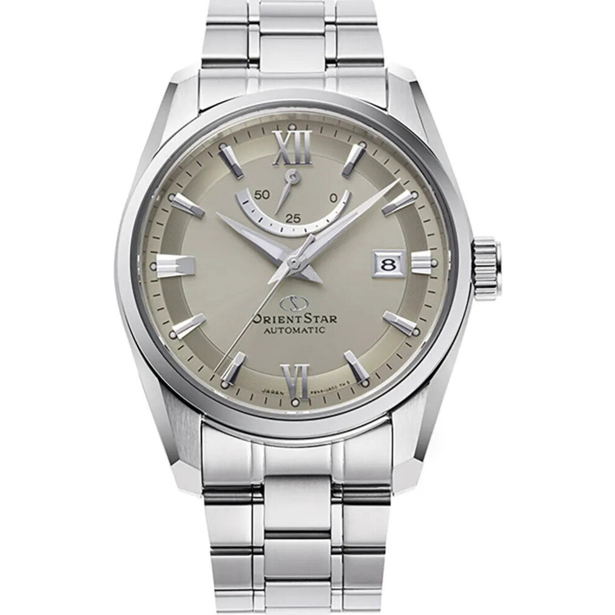 Men's Orient Star automatic watch with gray dial and steel link bracelet