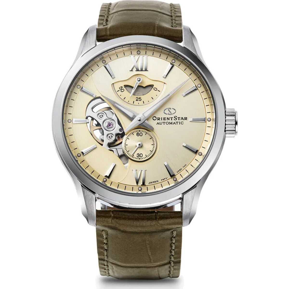 Mens automatic skeleton watch with champagne dial, steel bezel, olive leather strap
