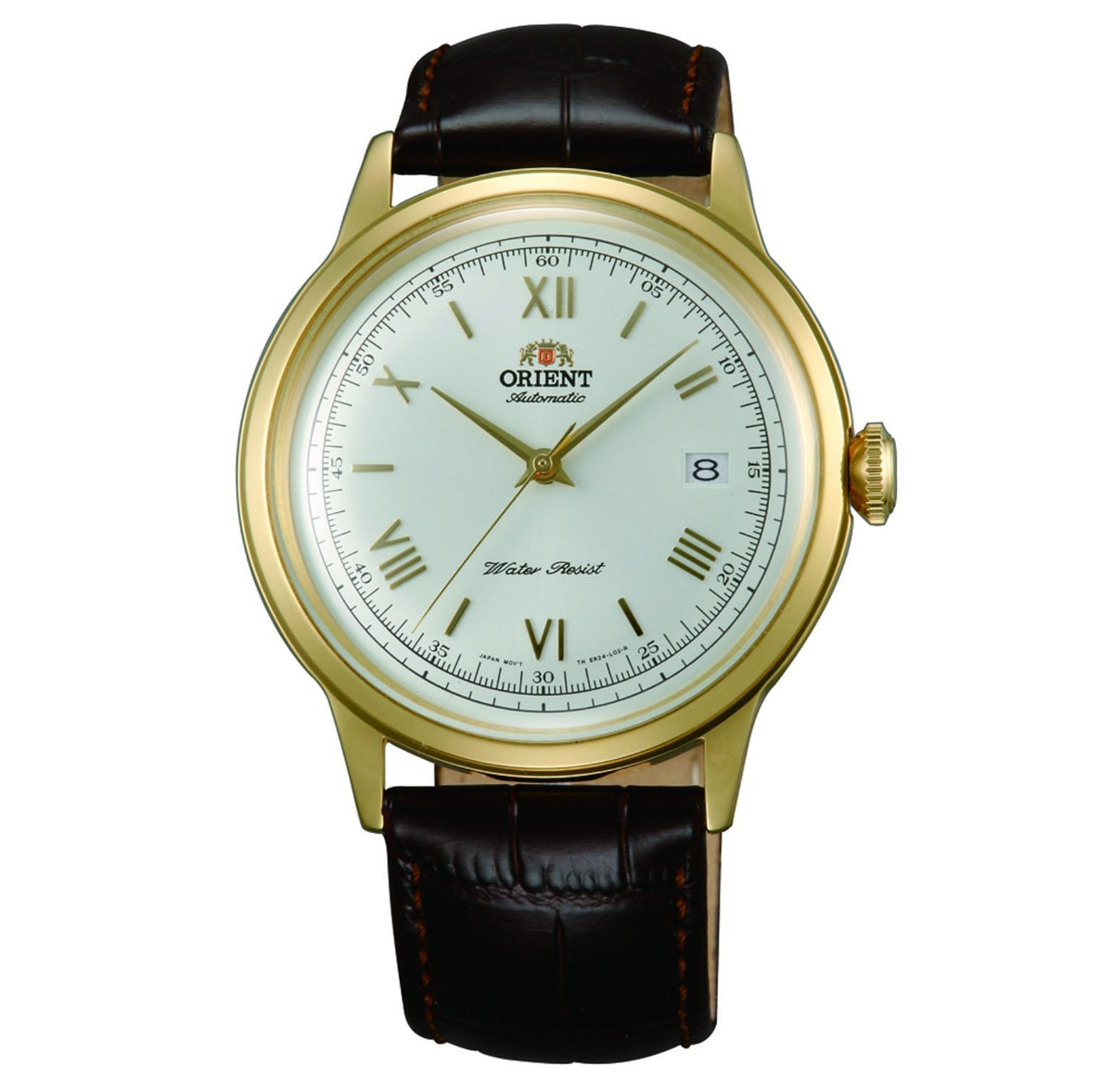 Men's automatic wristwatch with gold-tone case, white dial, and black leather strap