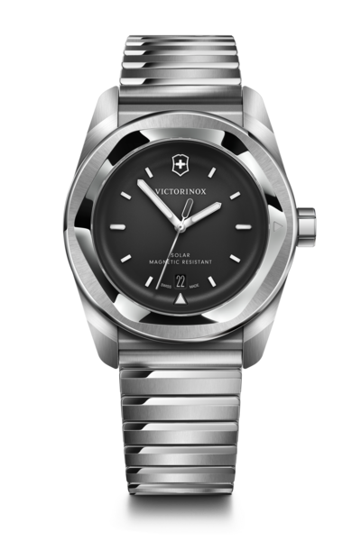 Front view close-up of Victorinox Solar Magnetic Resistant steel watch with black dial and date window