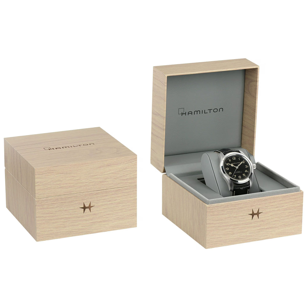 Hamilton watch in a wooden box on a white background