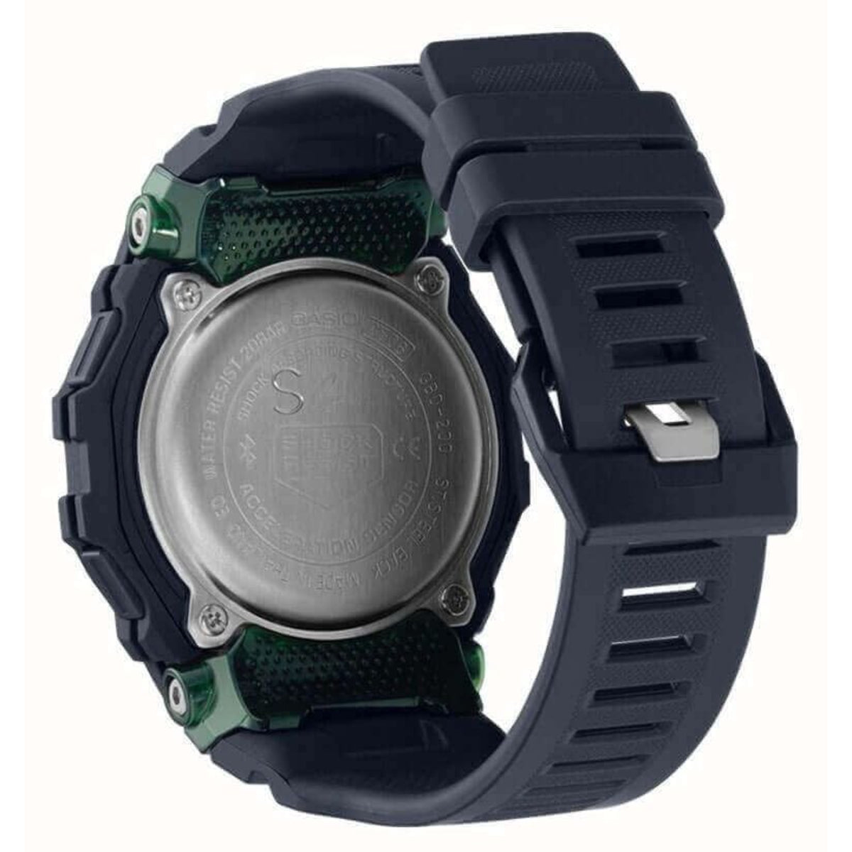 Casio G-Shock watch rear view with green textured case back and dark resin band