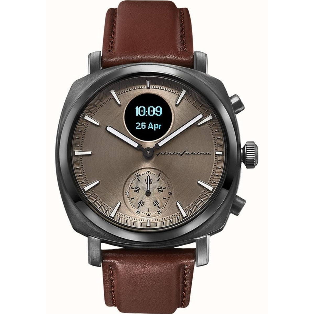 Leather strap hybrid watch with gray dial, black case, date window and subdial