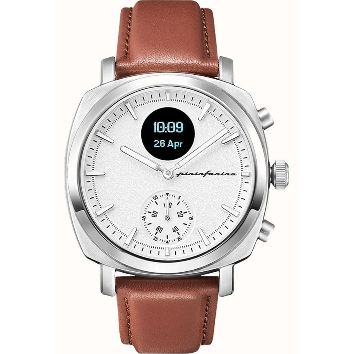 Pininfarina Senso Hybrid PMH01A-01 silver-tone case white dial brown leather strap watch front view